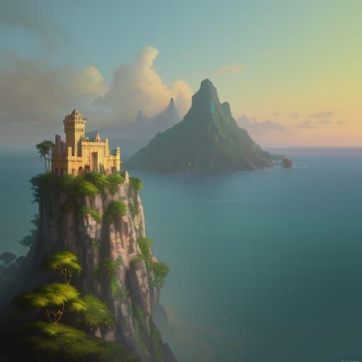 Tropical Castle Overlooking Jungle in Splash Art Style