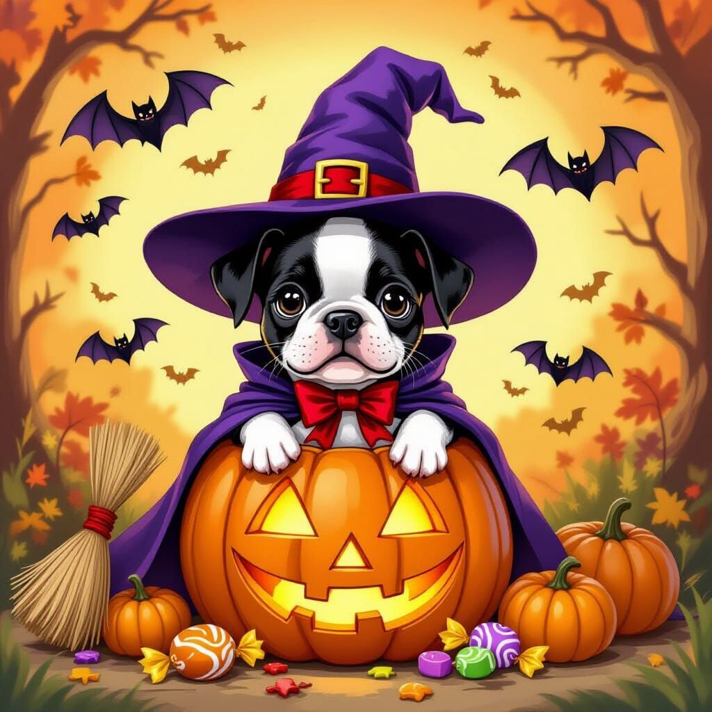 Cute Boston Terrier Puppy in Witch Costume with Jack-o'-Lant...