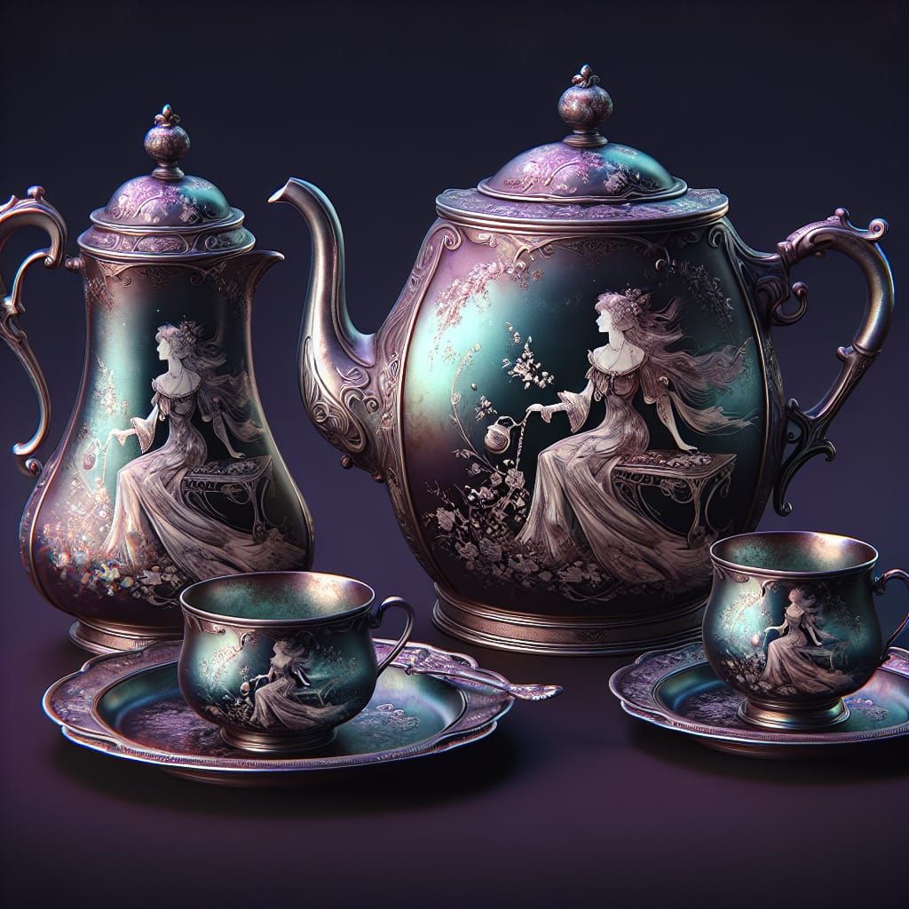 Fanciful Mercury Glass Tea Set with Whimsical Woman Design