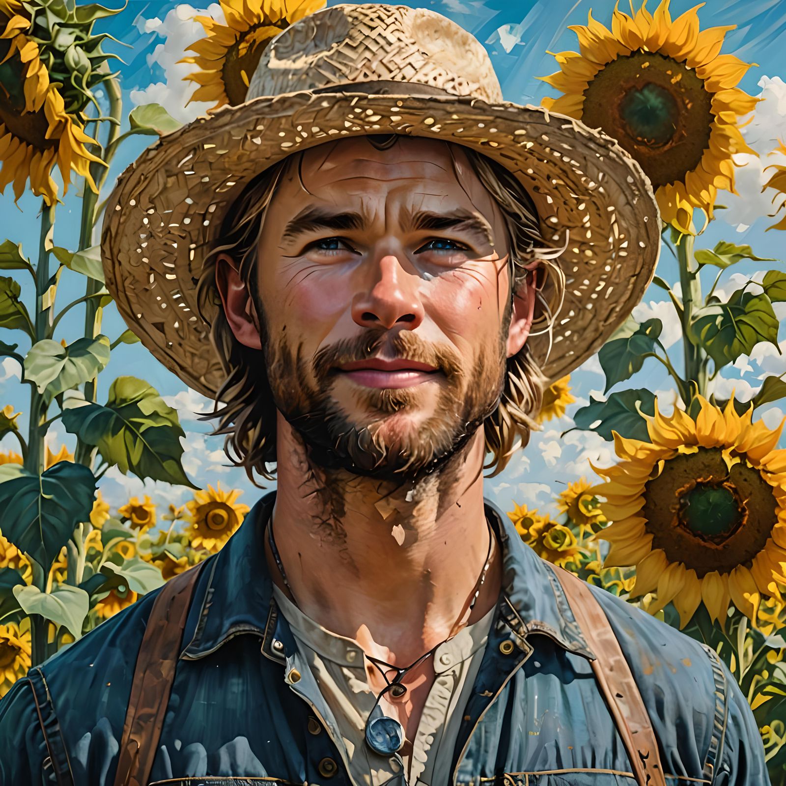 Chris Hemsworth as a farmer in a field of sunflowers