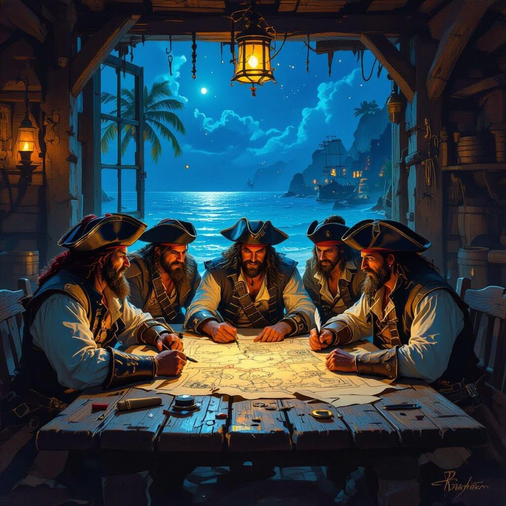 Pirates Gather at Tavern with Treasure Maps