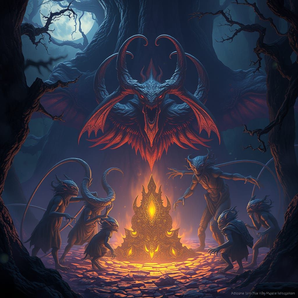 Dark Fantasy Creatures Gather Around Ancient Artifact in Mys...