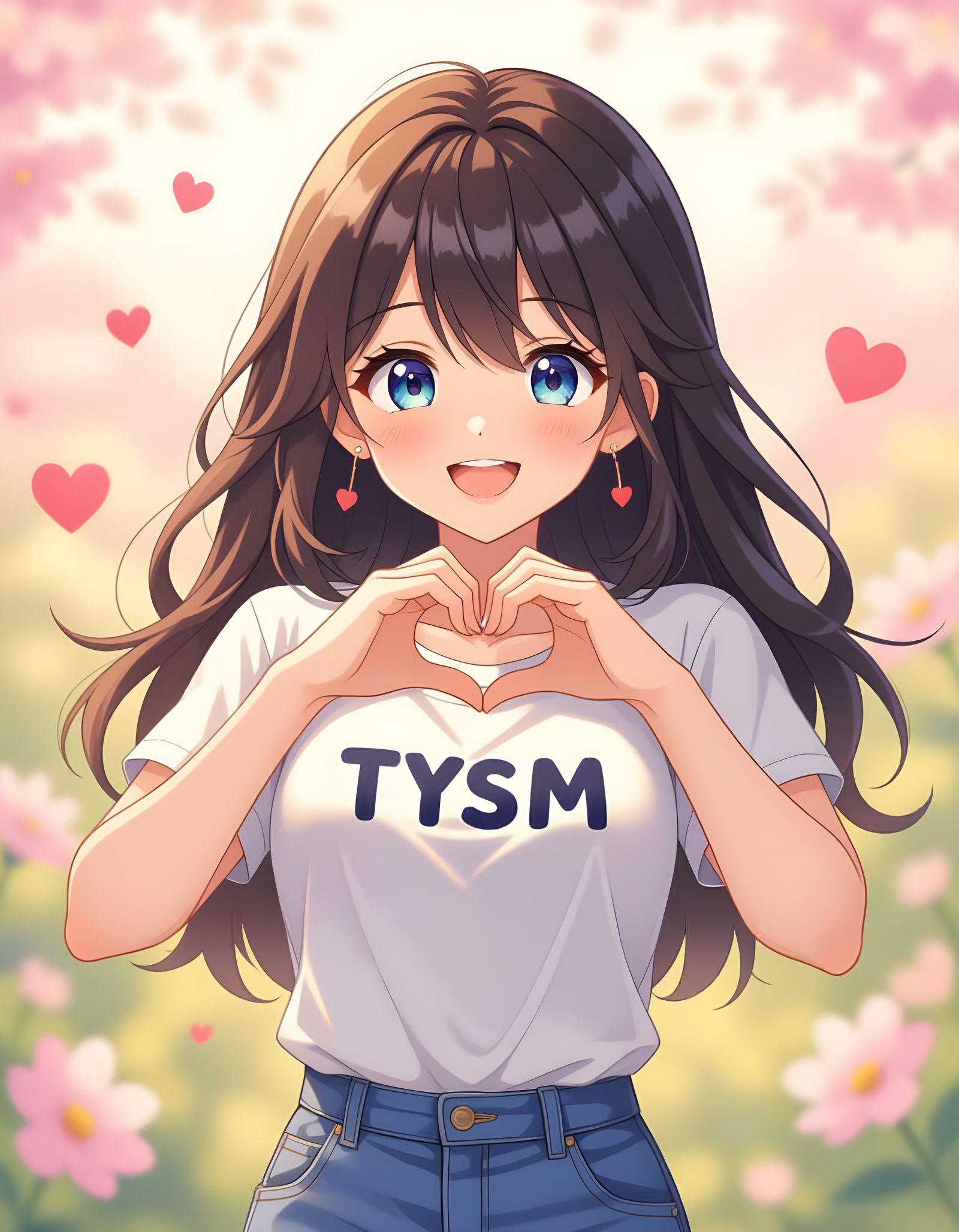 Happy Anime Girl with Heart Hands in Love Background