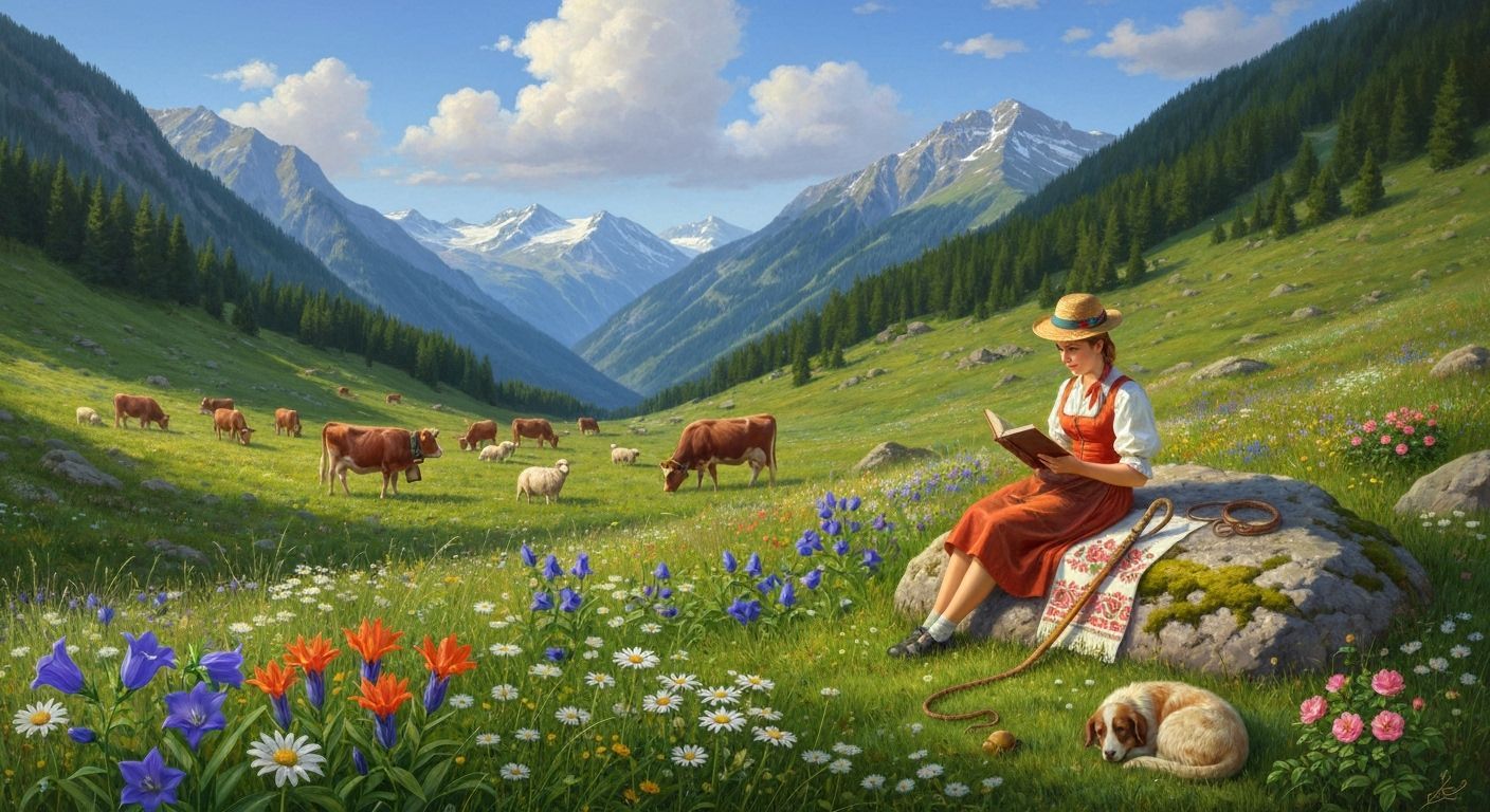 Shepherdess Reading in a Vibrant Alpine Valley
