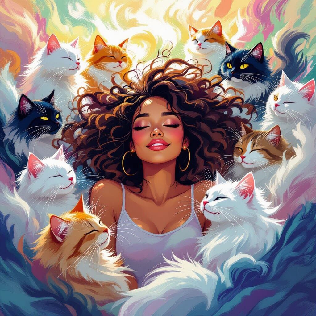 Woman Surrounded by Cats in Flurry of Fur