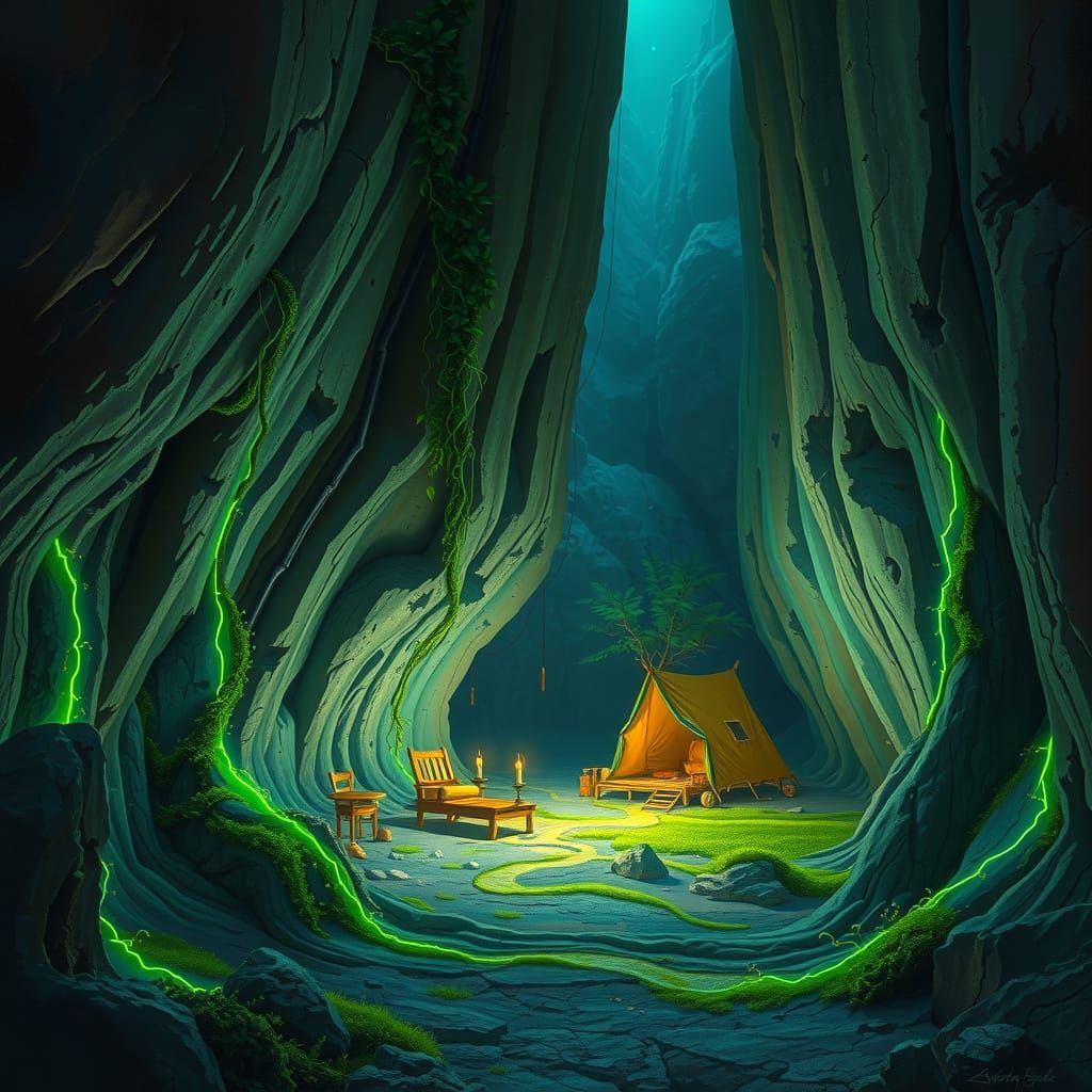 Bioluminescent Canyon Campsite in Imaginative Realism Style