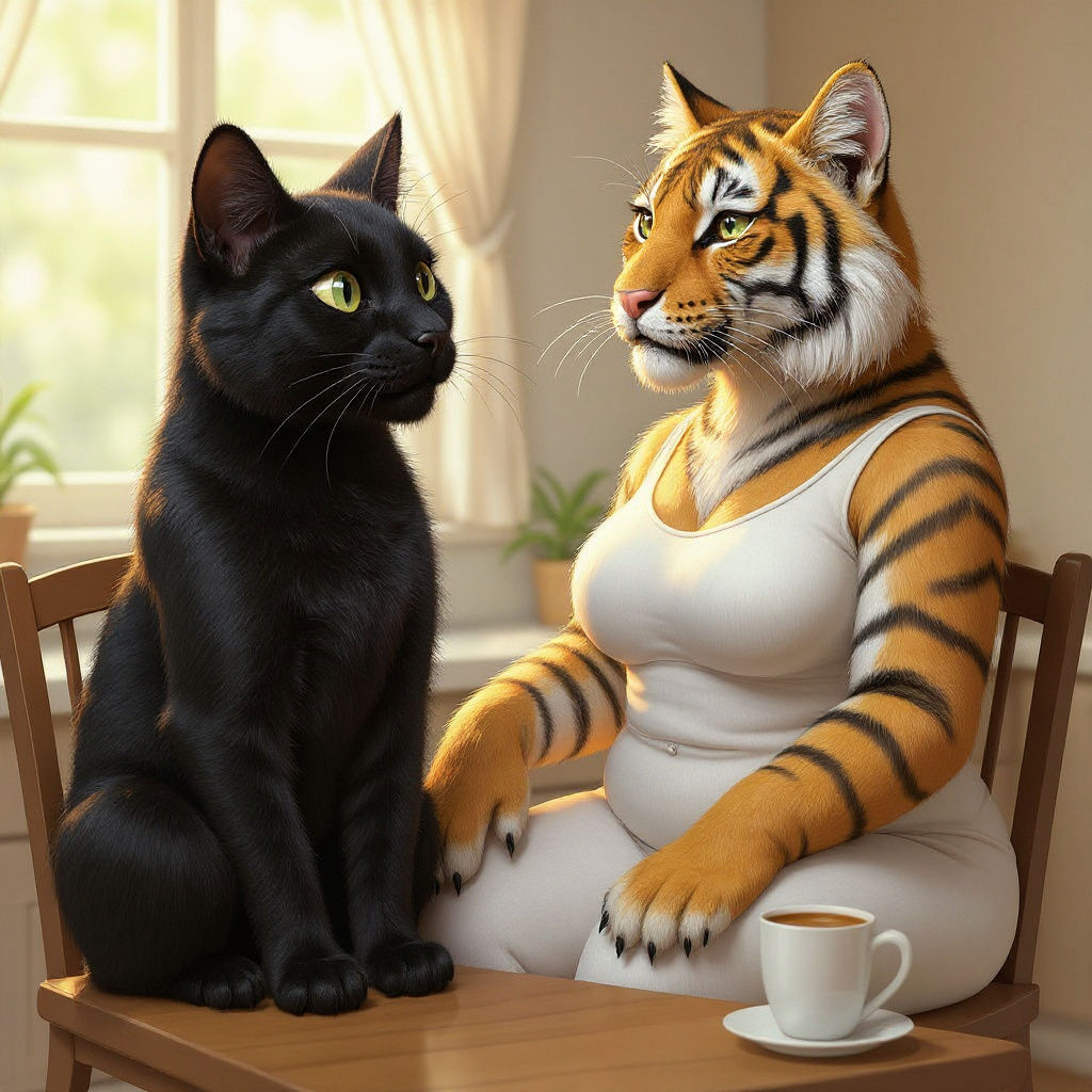 Furry Anthro Cat and Tiger in Kitchen, Romantic Art