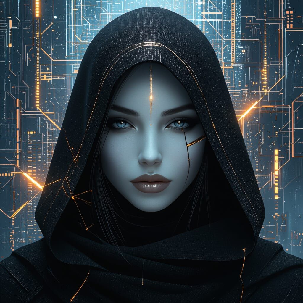 A mysterious female face with delicate features.