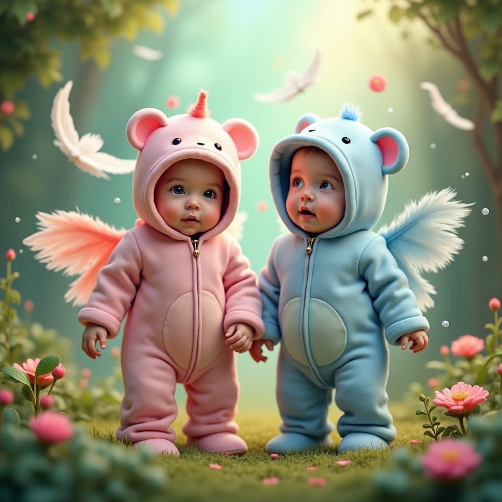 Whimsical Twin Babies in Fantasy Dreamscape
