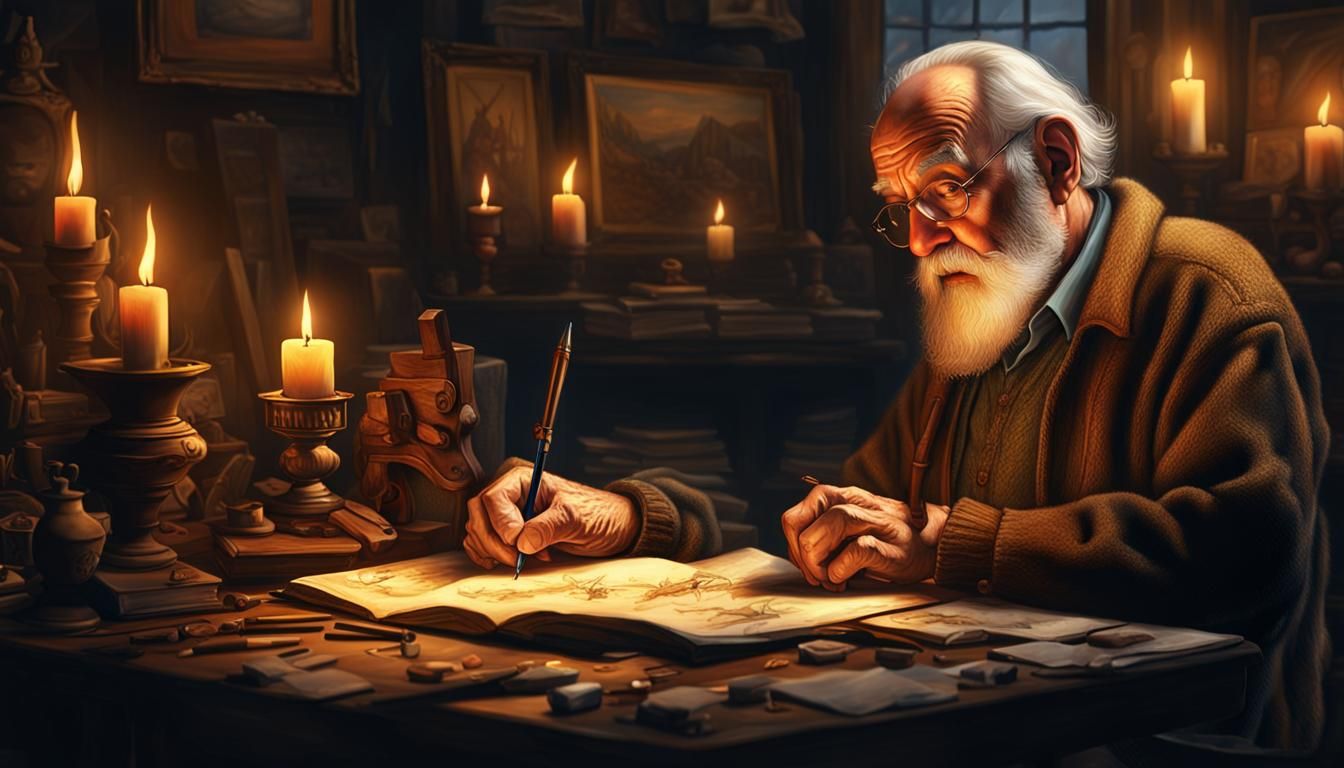 Artist Writing by Candlelight in Studio