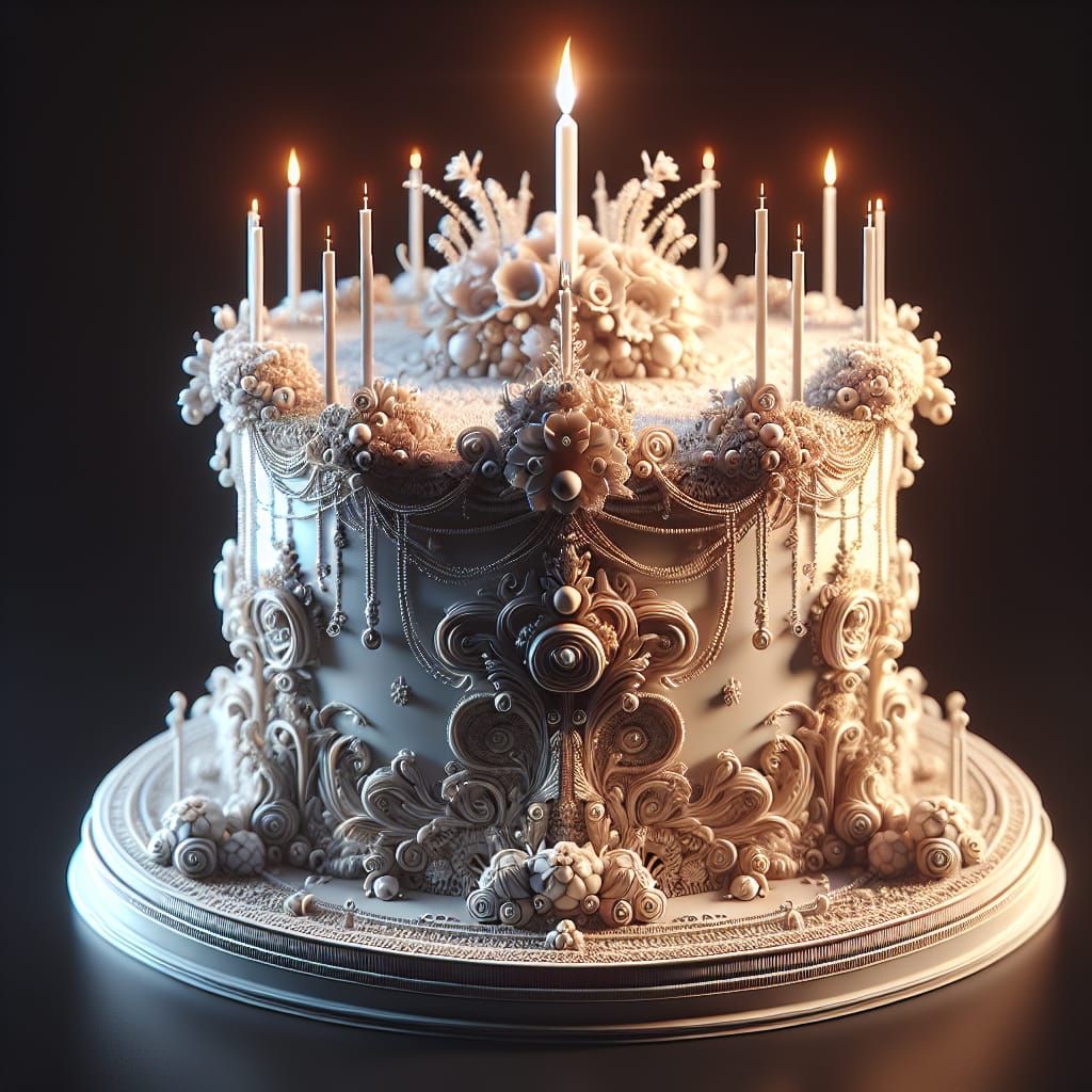 Elegant Birthday Cake in 3D Game Cinematic Style
