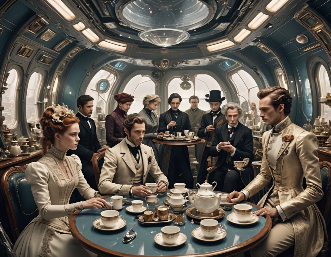 Characters dressed in Victorian-era clothing, sitting around...