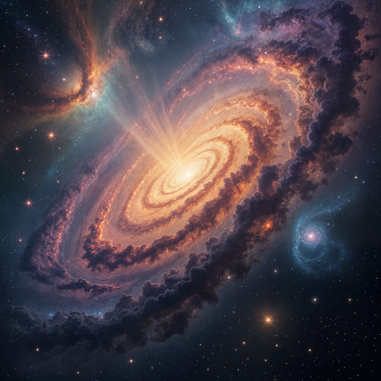 Vibrant Alien Spiral Galaxy Amidst Nebulae and Stars
