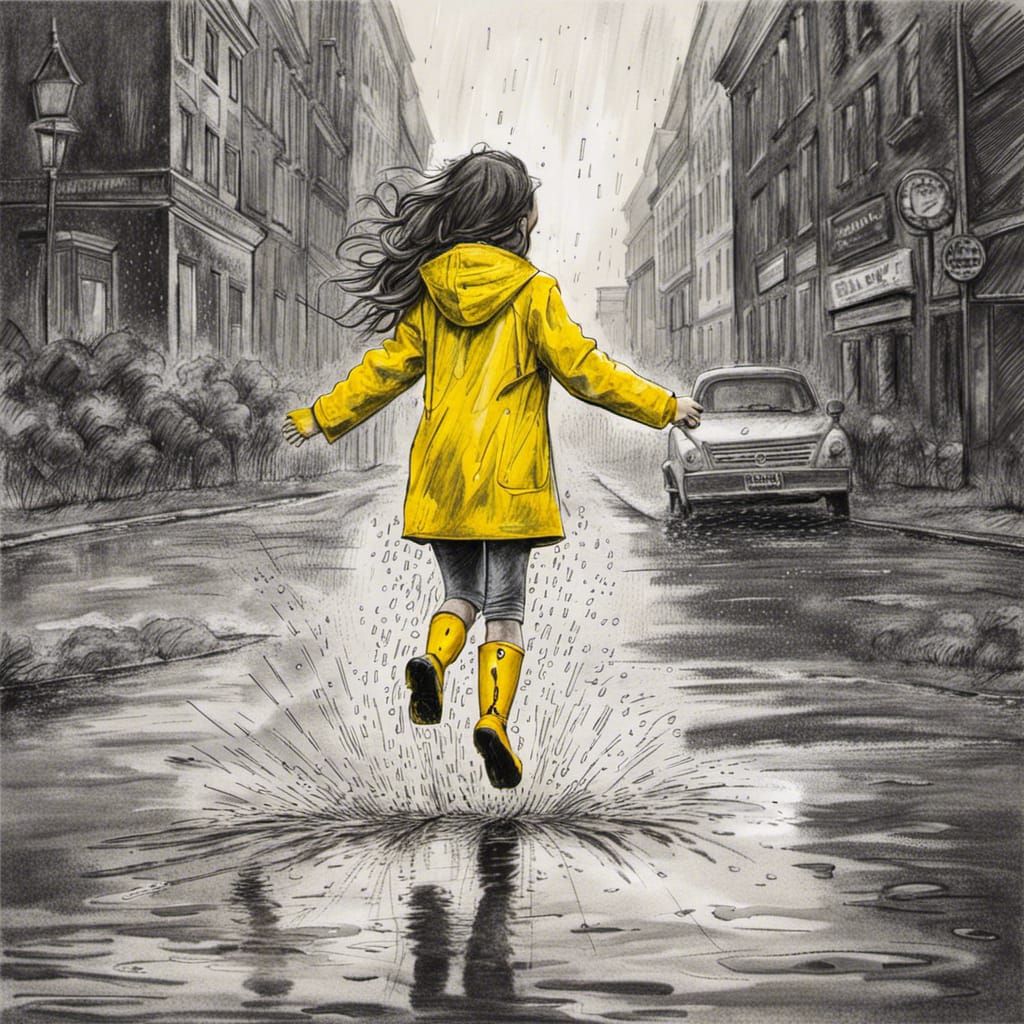 Girl in Yellow Jumping in Rainy Street: Charcoal Drawing