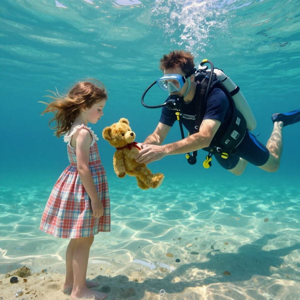 Scuba Diver Gifts Teddy Bear to Girl at Sea