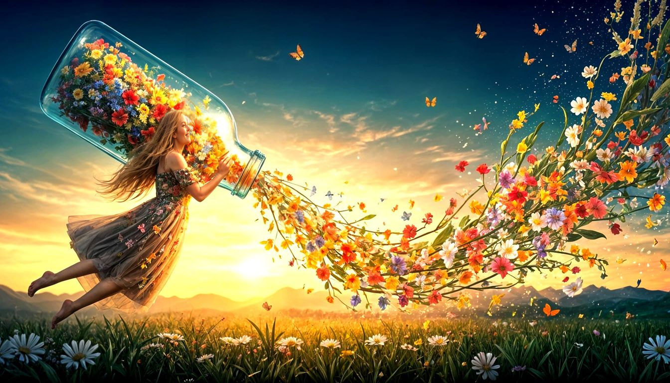 Nature Goddess in Vibrant Floral Scene