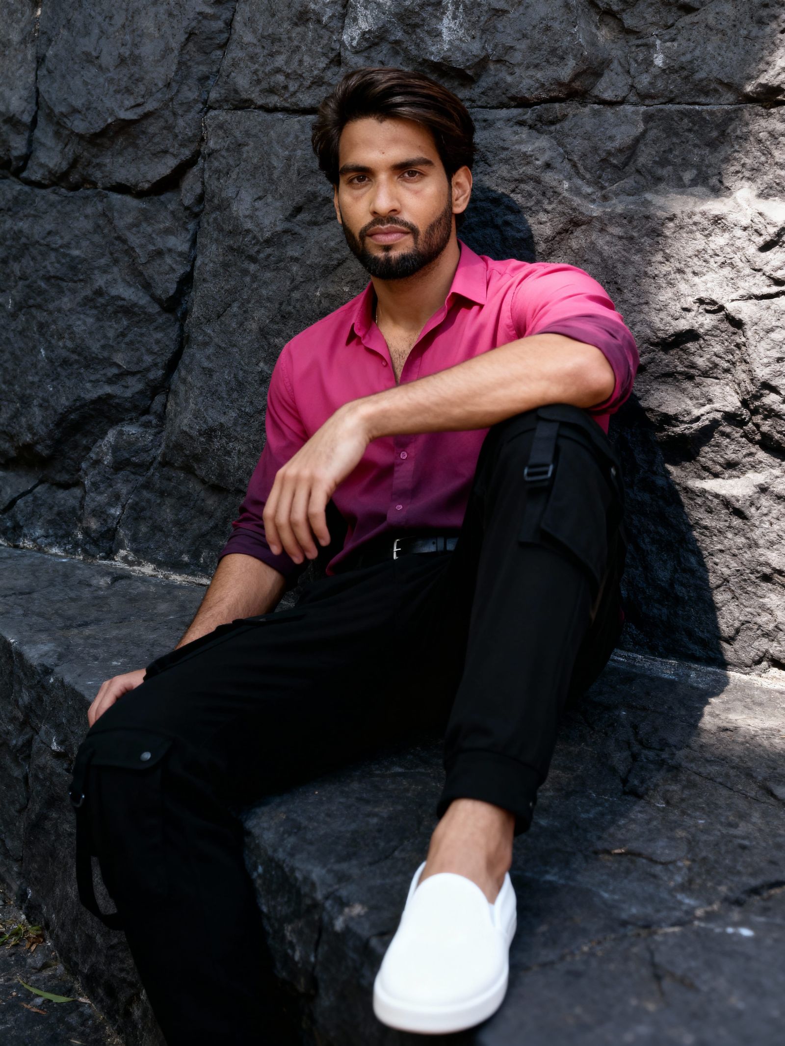 Athletic Young Man in Pink Shirt and Cargo Pants