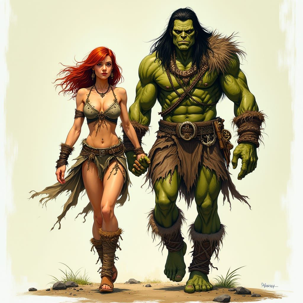Fantasy Couple Walking in Comic Book Style