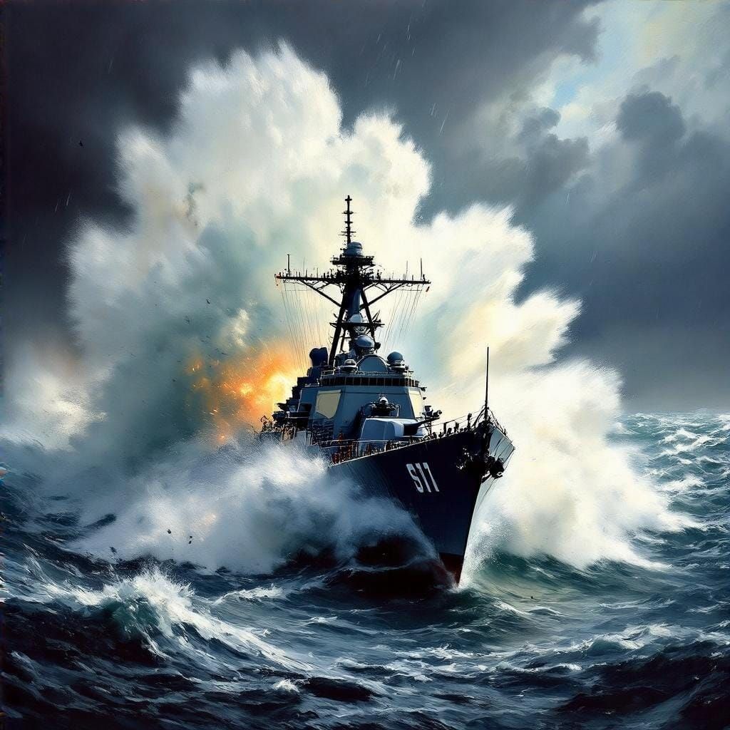 US NAVY Destroyer Plunges Through Turbulent Wave in Stormy S...