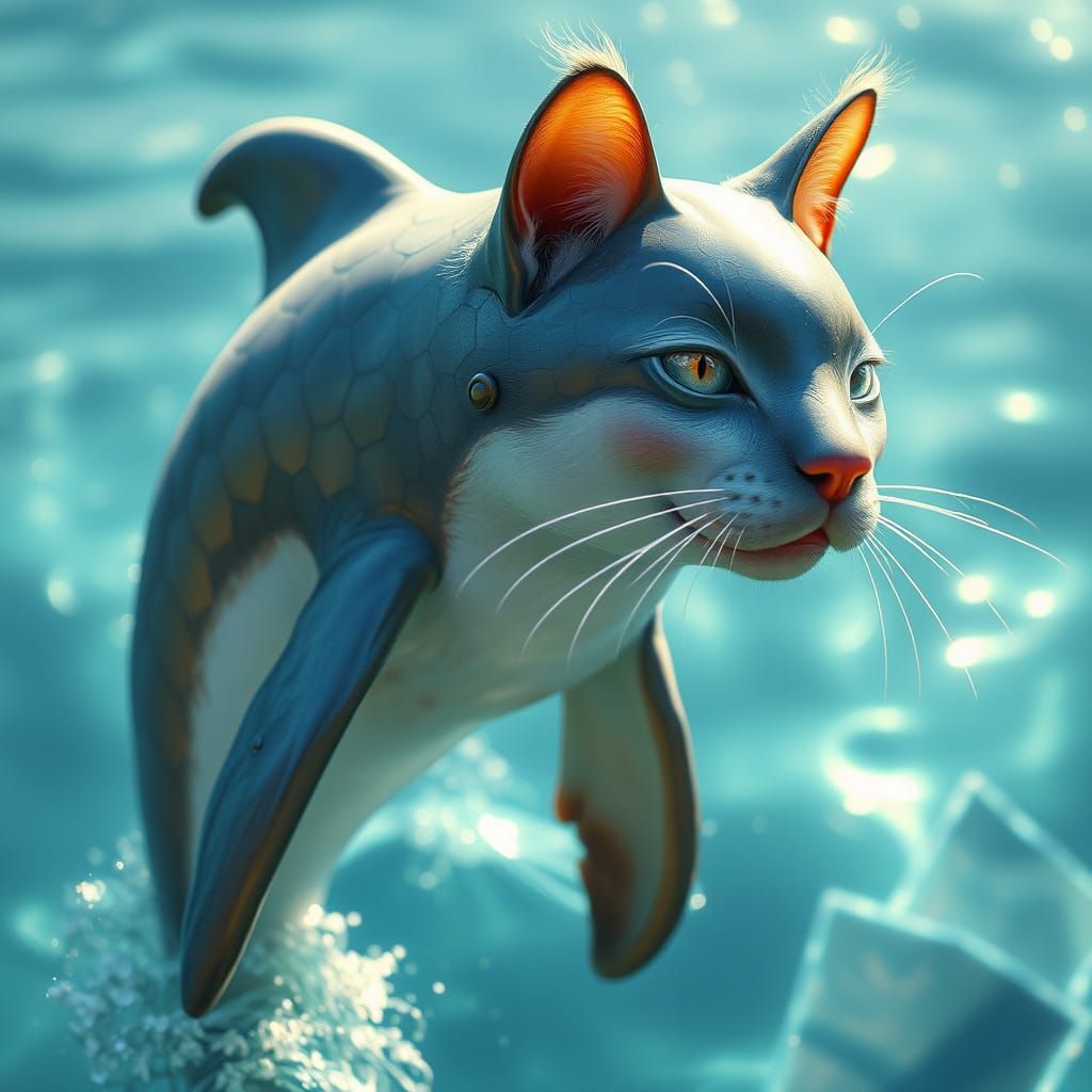Iridescent Dolphin-Cat Hybrid in Dreamy Aquatic Scene