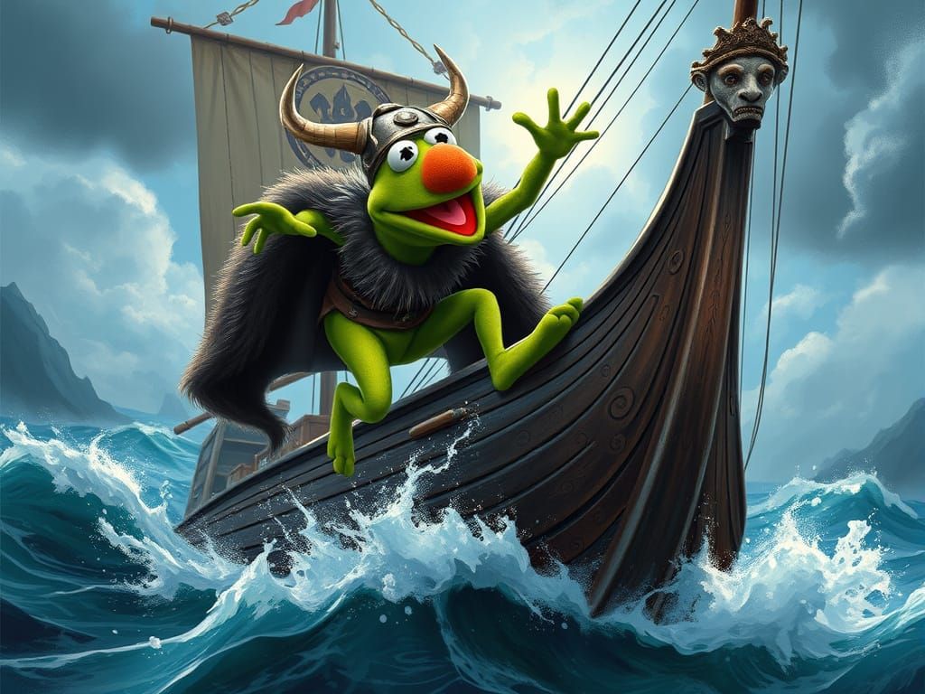 Viking Kermit Leaps from Majestic Longship in Whimsical Fant...