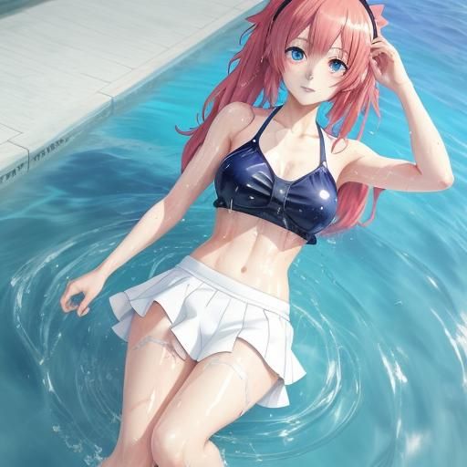 Anime Girl in Wet Bikini and Transparent Clothing