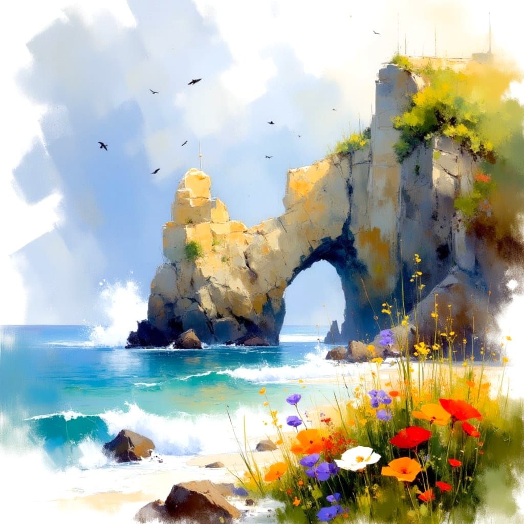 Ethereal Ocean Cliffs in Impressionist Watercolour Style