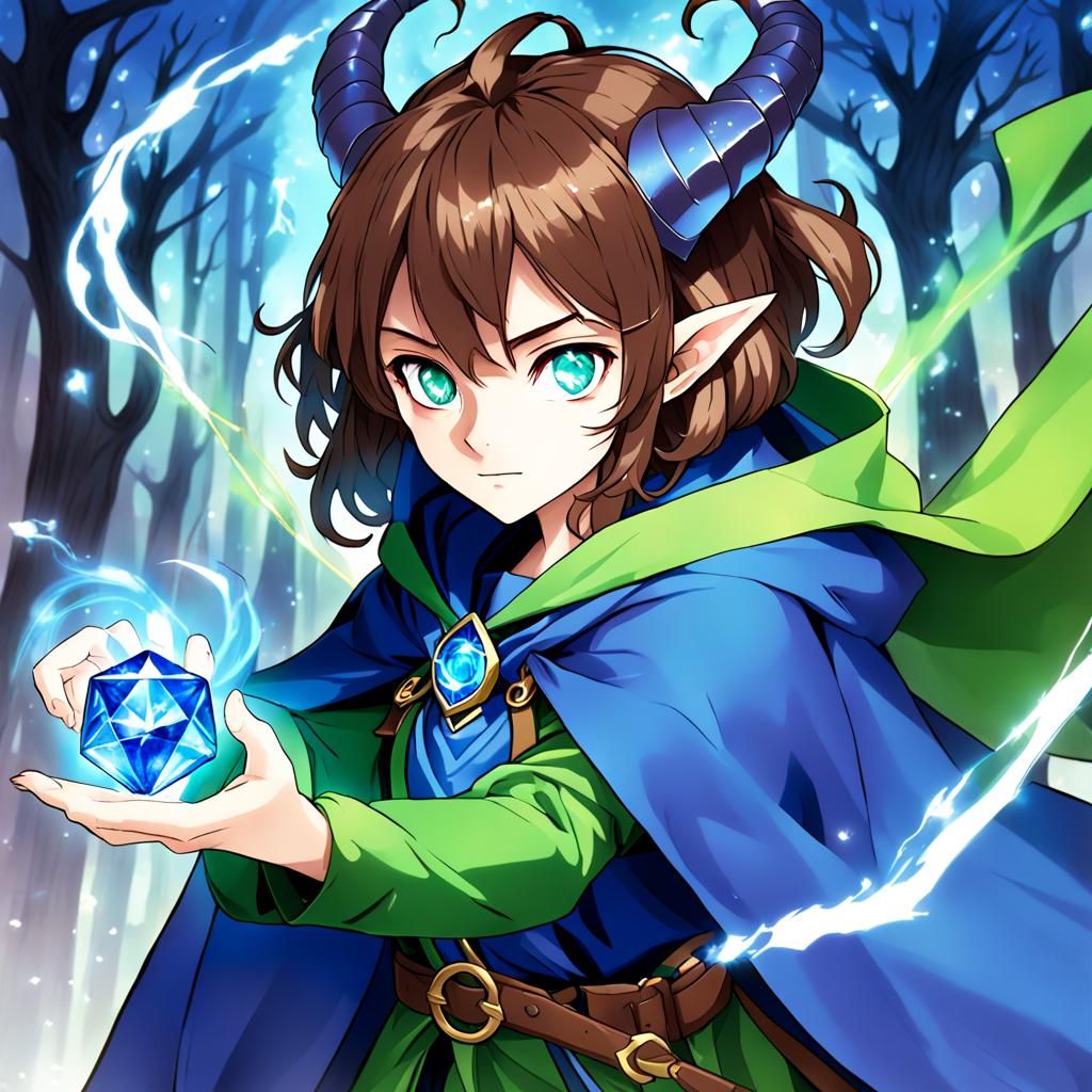 Tiefling Wizard with Sapphire Amulet in Anime Style