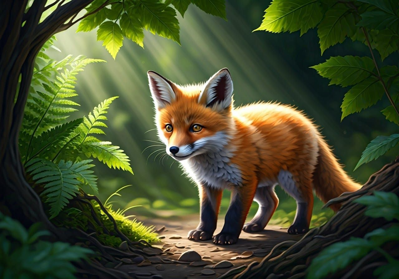 Curious Baby Fox Explores Forest Floor