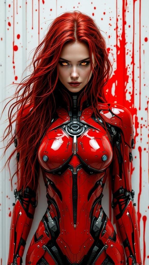Cybernetic Valkyrie in Crimson Exosuit: Cyberpunk Fantasy