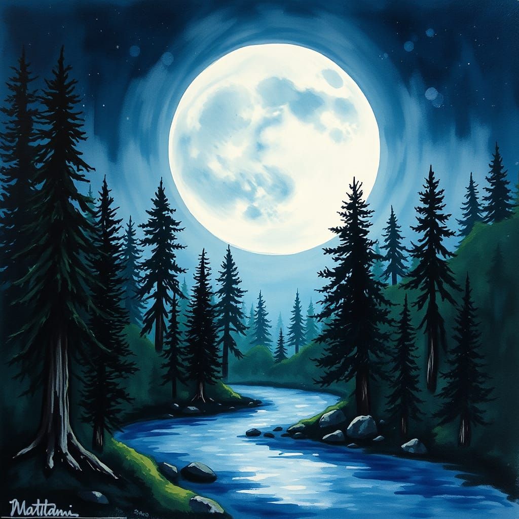 Haunted Moon Over Forest in Impasto Watercolor
