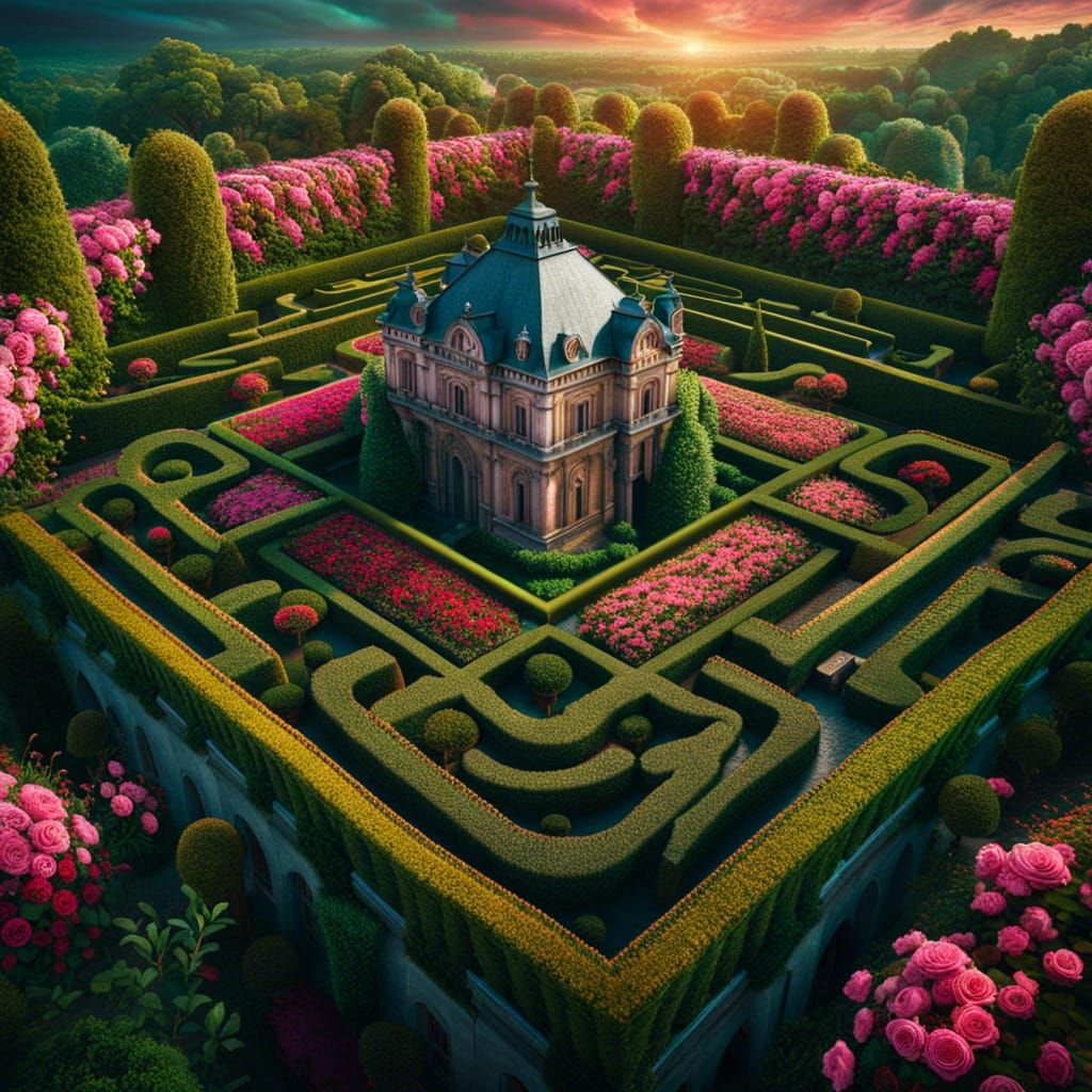 Victorian Chateau Rosebush Maze: Hyperdetailed Top View