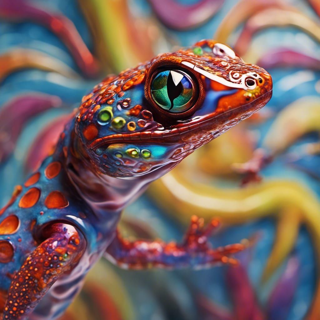 Hyperrealistic Blown Glass Gecko in Splash Art Style