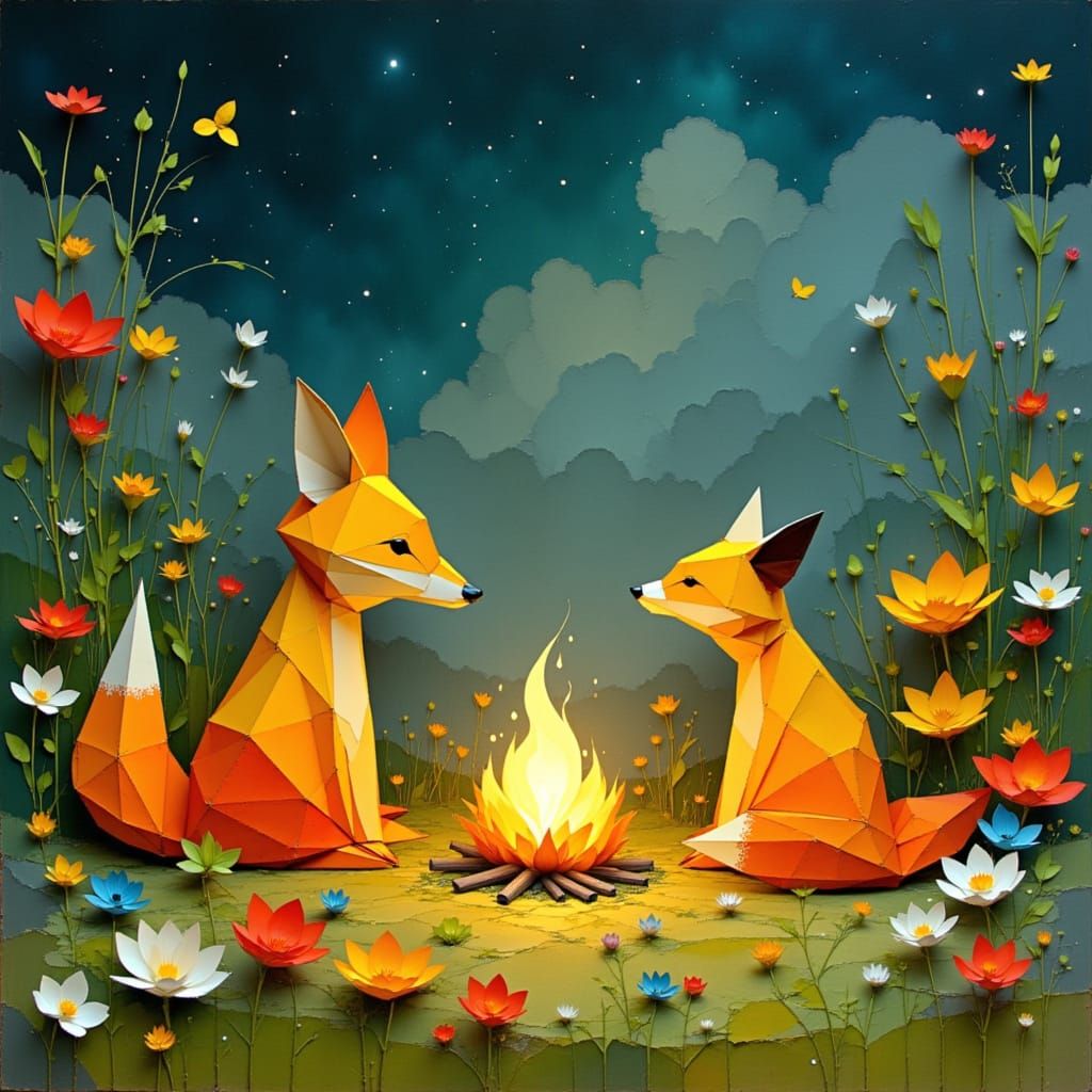 Origami Foxes Gather Around Campfire