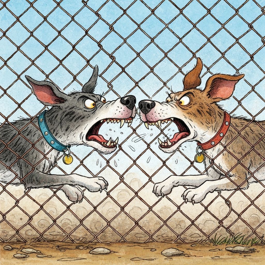 Dogs Barking Through Fence in Whimsical Storybook Style