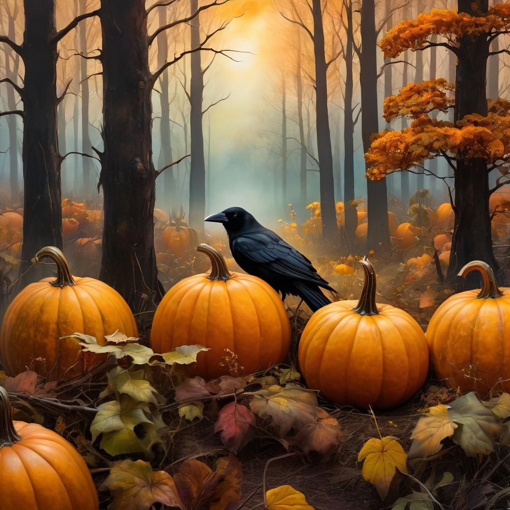 Crow in Sincere Pumpkin Patch: Alcohol Ink Art