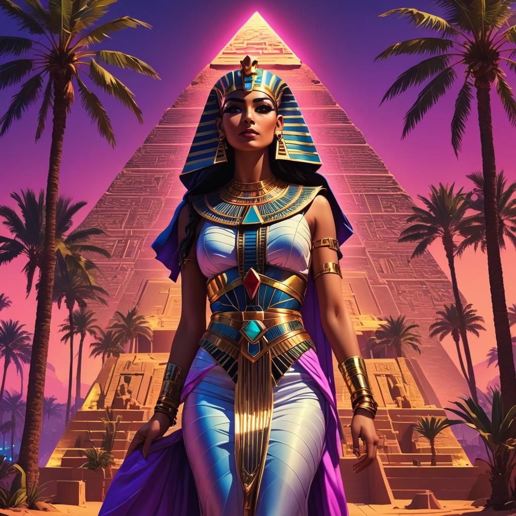 Egyptian Priestess in Synthwave Neon Retro Style