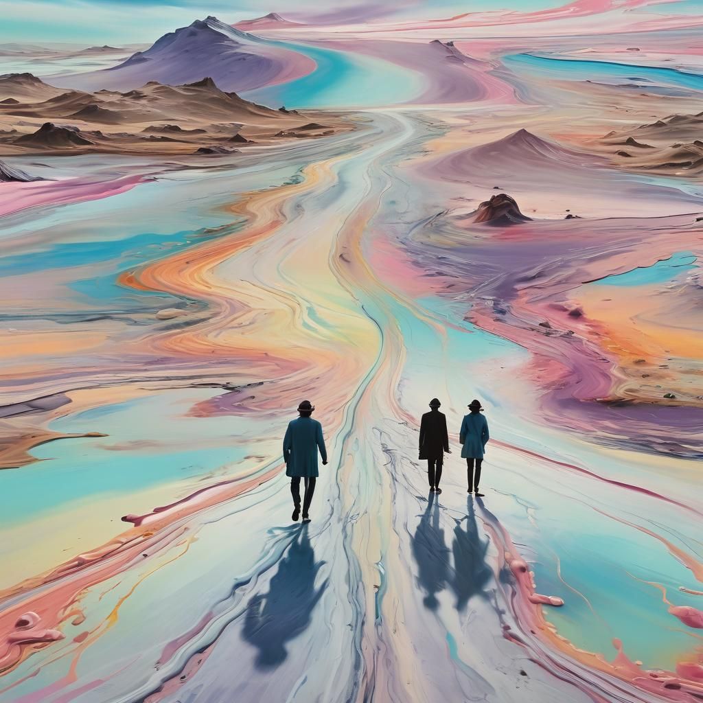 Surreal People Walk on Desolate Melting Road