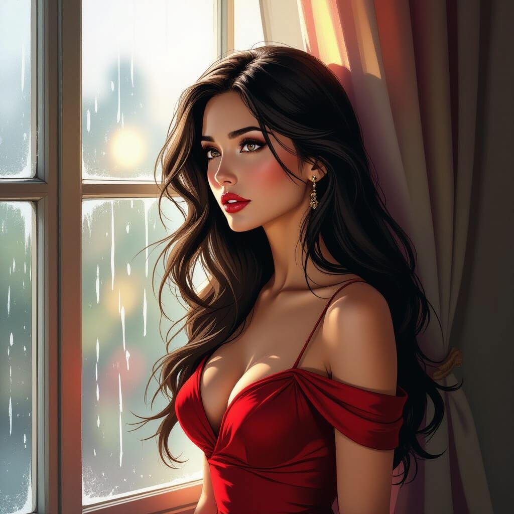 Beautiful Woman in Red Dress Gazes Out Window