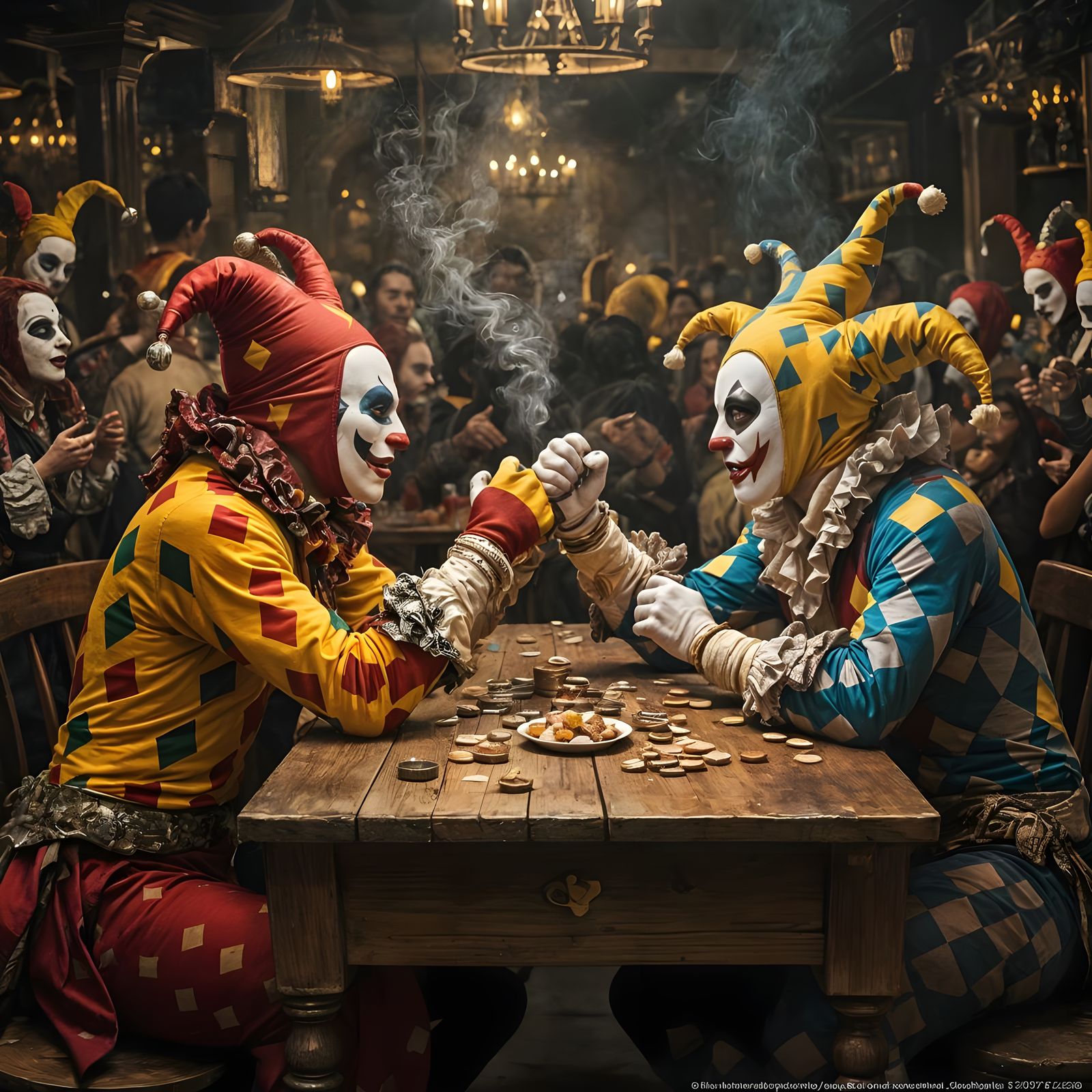 Harlequin Arm Wrestling in Smoky Tavern