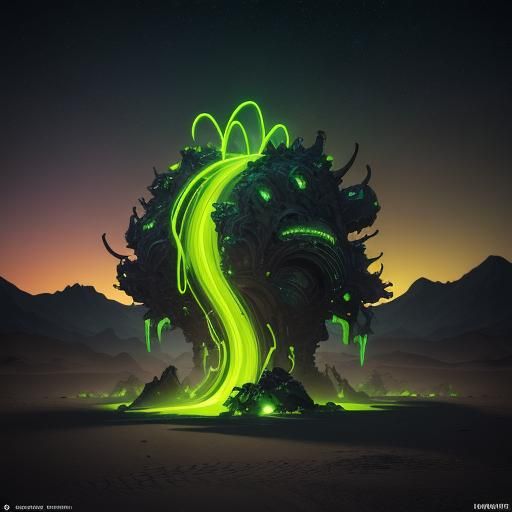 Neon Slime Monster Concept Art in Desert Night