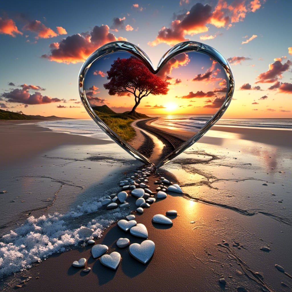 Glass Hearts on Beach with Landscapes Inside