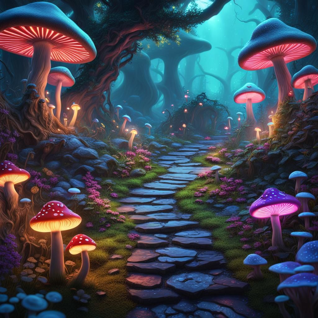 Fluorescent Mushroom Path to Fairy Garden