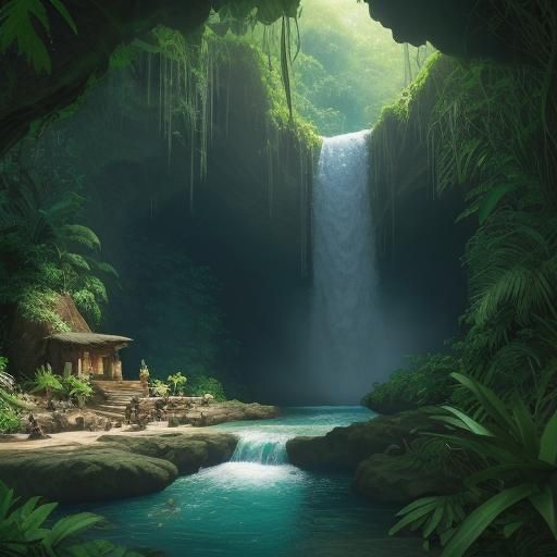Jungle Cave Hideout with Waterfall and Sunrays