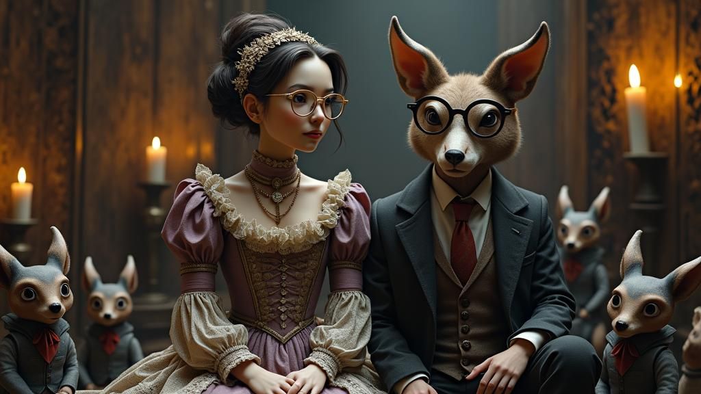 Medieval Nerd and Animatronic Animal in Gothic Setting