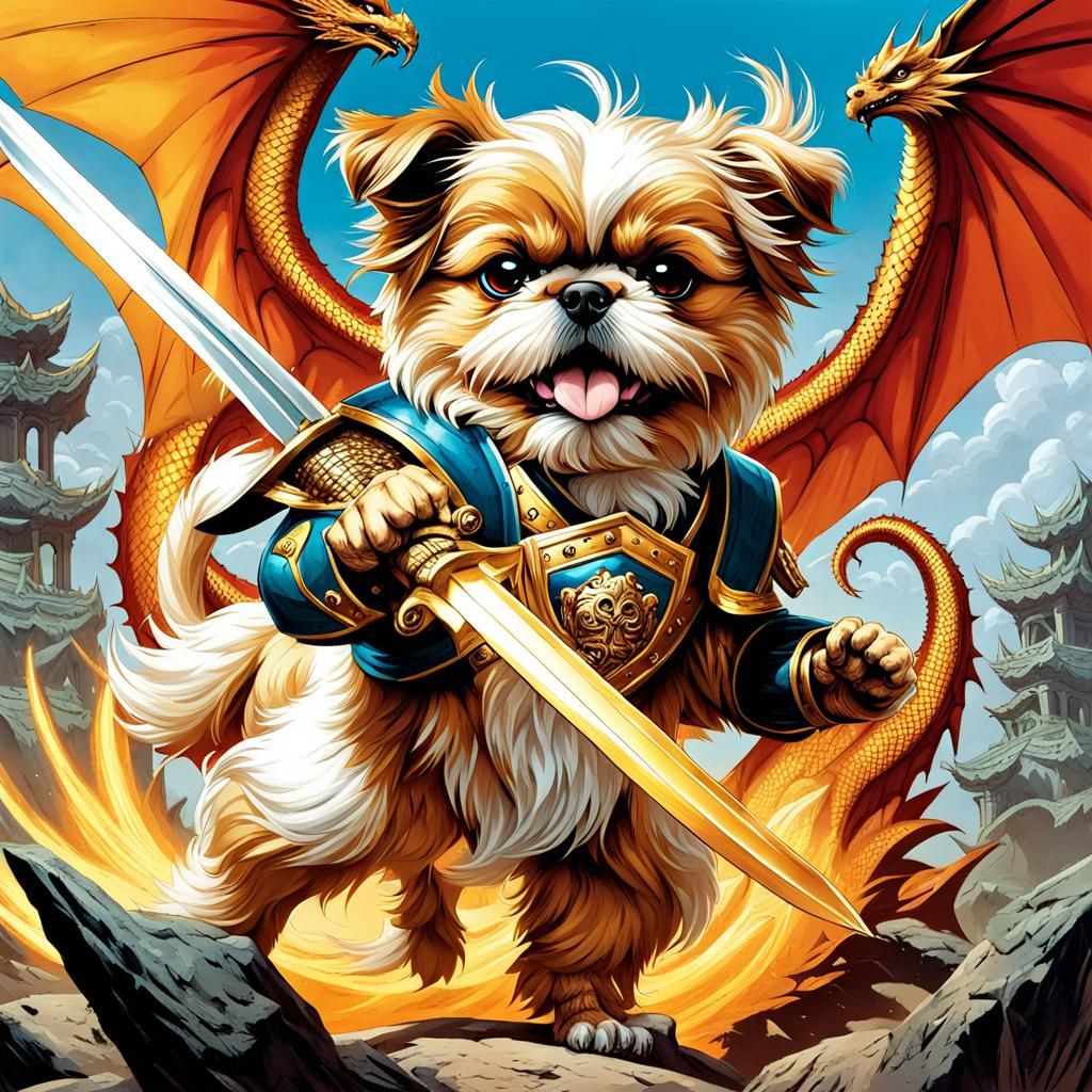 Golden Shih Tzu Dragon Battle: Comic Book Art