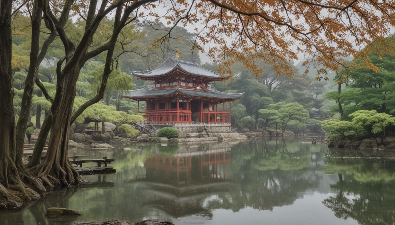 Serene Temple Scene in Muted Colors