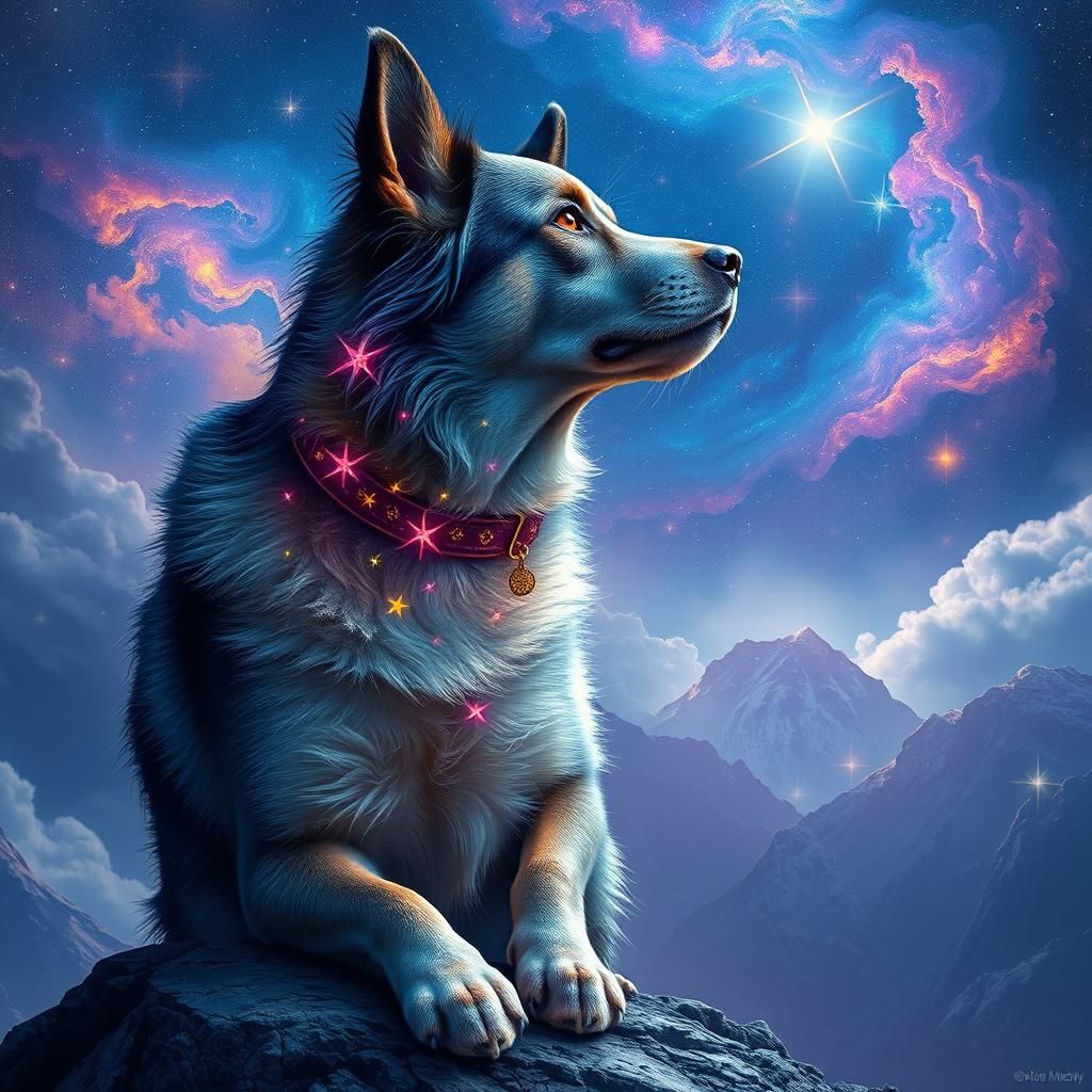 Iridescent Dog Contemplates Cosmos in Dreamlike Astral Lands...