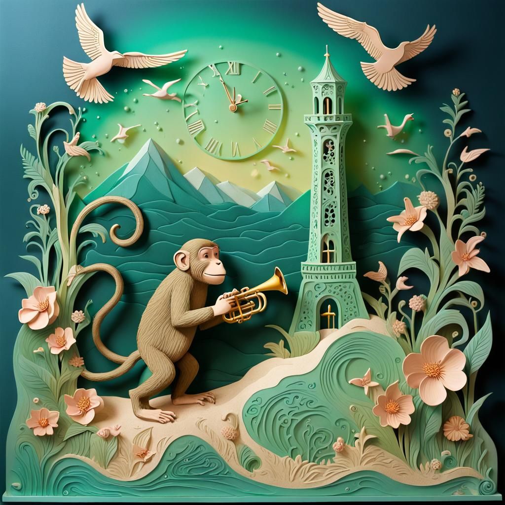 Kirigami, monkey with a trumpet