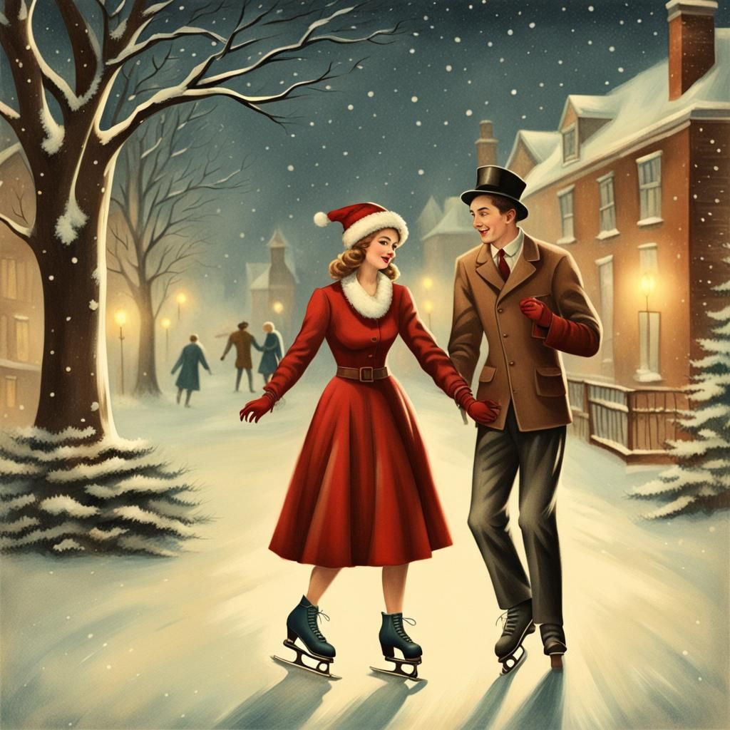 Romantic Couple Skating on Christmas Eve: Vintage Style